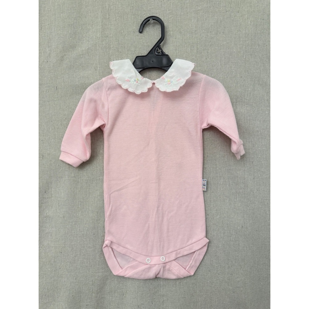 Sonho Magico Pink Waffle Knit Bodysuit Embroidered Peter Pan Collar Kids 12M
